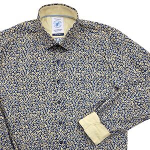 A Fish Named Fred Floral AOP Shirt Button Seersucker Flip Cuff Blue Mens Large
